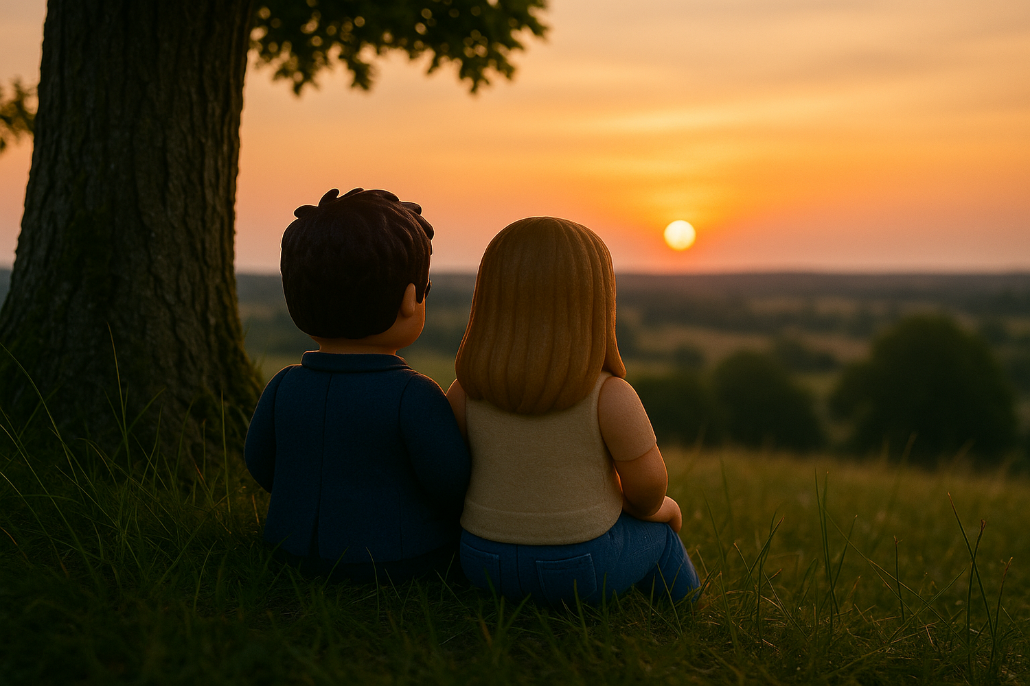 Aurélie et Thomas devant un coucher de soleil en pleine nature